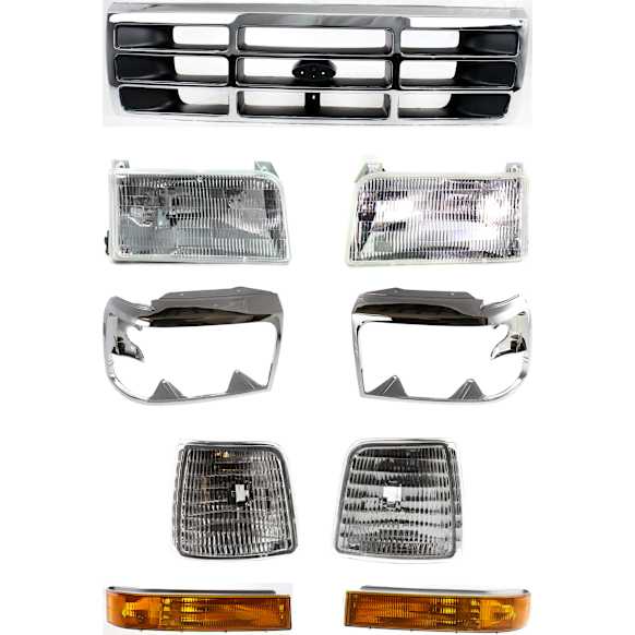 1994 Ford Bronco - 9-Piece Kit Grille, Chrome Shell with Painted Gray Insert, Below Headlamp,  Includes (2) Corner Light, (1) Grille, (2) Headlight, (2) Headlight Door, and (2) Turn Signal Light