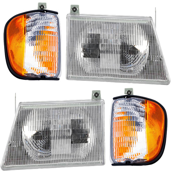 2002 Ford E-250 Econoline - 4-Piece Kit Driver and Passenger Side Halogen Headlight, With bulb(s), OE Replacement,  Includes (2) Corner Light and (2) Headlight