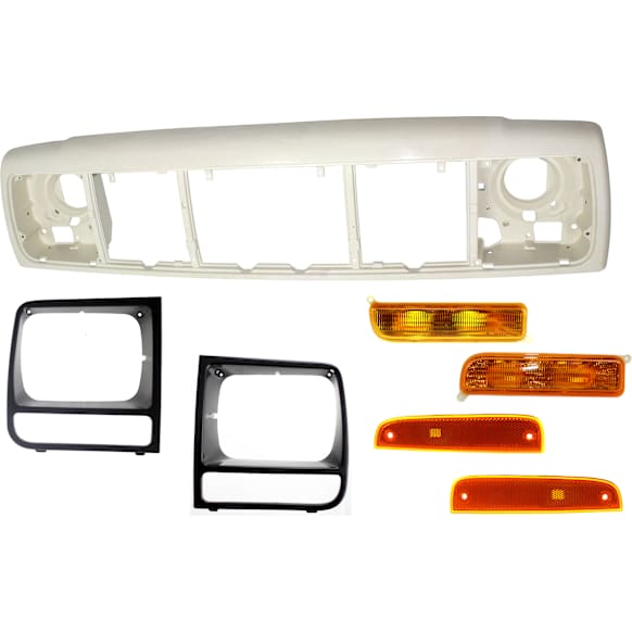 2001 Jeep Cherokee Classic - 7-Piece Kit Header Panel,  Includes (1) Header Panel, (2) Headlight Door, (2) Side Marker, and (2) Turn Signal Light