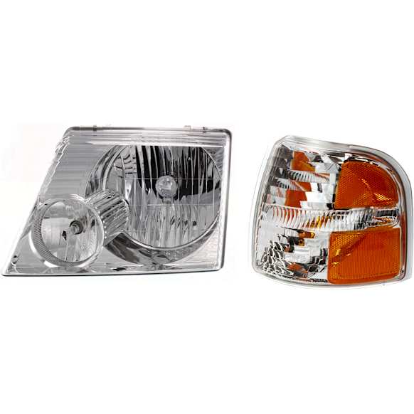 2002-2004 Ford Explorer - 2-Piece Kit Driver Side Halogen Headlight, With bulb(s), Sport Utility, OE Replacement, Includes (1) Corner Light and (1) Headlight