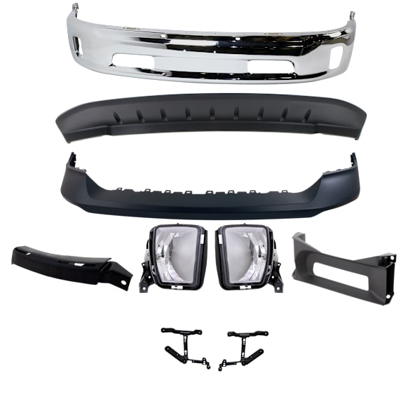 8-Piece Kit Front Bumper Chrome, Includes (2) Bumper Bracket, (1) Bumper Cover, (1) Bumper Trim, (2) Fog Light, and (1) Valance