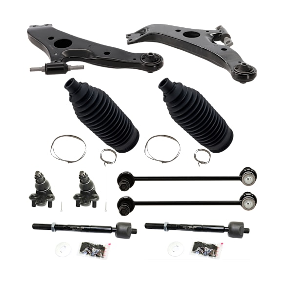 10-Piece Kit Front, Driver and Passenger Side, Lower Control Arms, Includes (2) Ball Joint, (2) Control Arm, (2) Steering Rack Boot, (2) Sway Bar Link, and (2) Tie Rod End