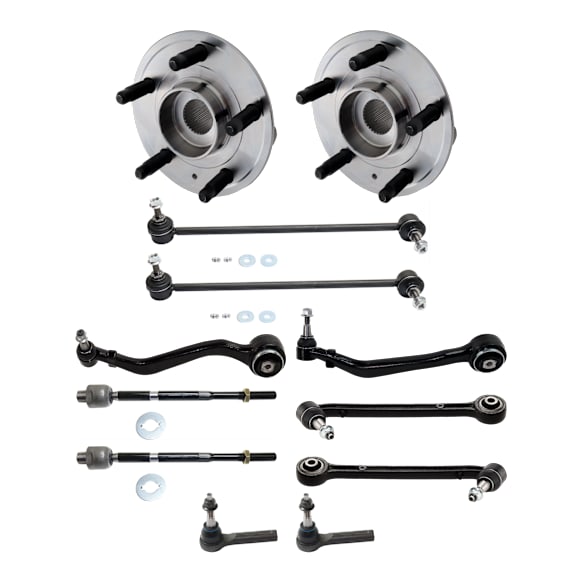 12-Piece Kit Front, Driver and Passenger Side, Lower, Frontward and Rearward Control Arms, Includes (4) Control Arm, (2) Sway Bar Link, (4) Tie Rod End, and (2) Wheel Hub