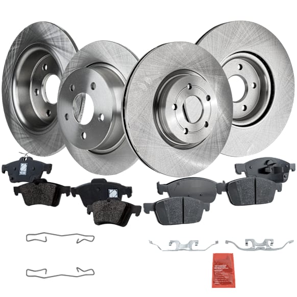 2018 Ford Transit Connect Titanium - 8-Piece Kit Front and Rear Brake Disc and Pad Kit, Plain Surface, 5 Lugs, Organic, Production Date From May 28, 2018; Except Tire Repair Service Kit, 2.5L 4Cyl, Pro-Line Series  Includes (4) Brake Disc and (2) Brake Pad Set