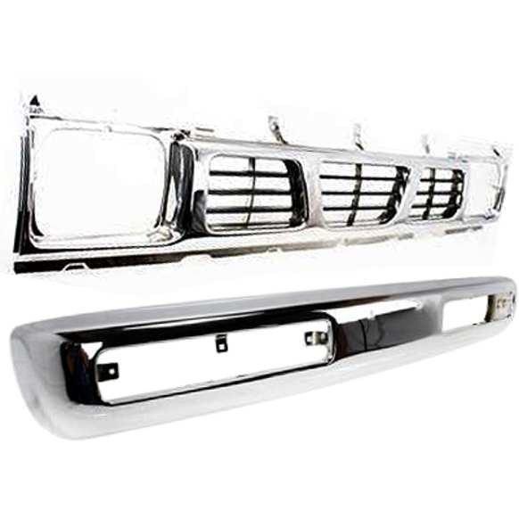 1996-1997 Nissan Pickup - 2-Piece Kit, Front Bumper, Chrome, Includes (1) Bumper and (1) Grille Assembly