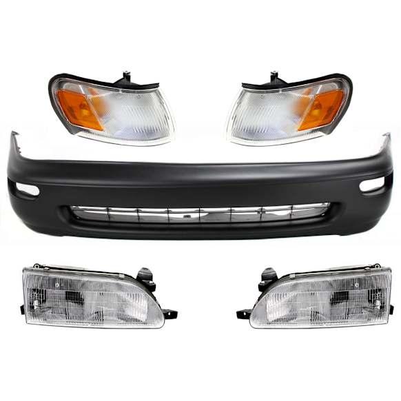 5-Piece Kit, Front Primed Bumper Cover, Includes (1) Bumper Cover, (2) Corner Light, and (2) Headlight