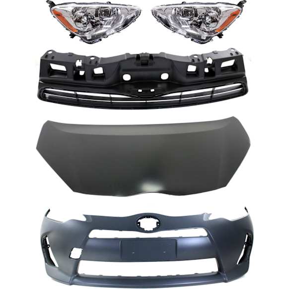 2012 Toyota Prius C - 5-Piece Kit Driver and Passenger Side Halogen Headlight, With bulb(s), OE Replacement,  Includes (1) Bumper Cover, (1) Grille Assembly, (2) Headlight, and (1) Hood