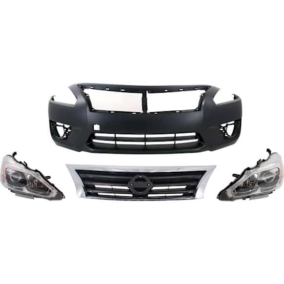 2013-2015 Nissan Altima - 4-Piece Kit Driver and Passenger Side Halogen Headlight, With bulb(s), Sedan, OE Replacement, Includes (1) Bumper Cover, (1) Grille Assembly and (2) Headlight