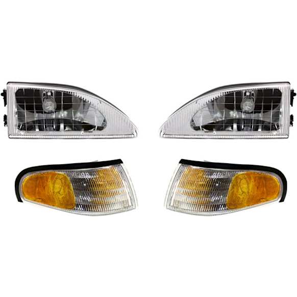 1994 Ford Mustang - 4-Piece Kit Driver and Passenger Side Halogen Headlight, With bulb(s), OE Replacement,  Includes (2) Corner Light and (2) Headlight