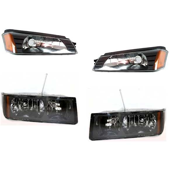 2004 Chevrolet Avalanche 1500 - 4-Piece Kit Driver and Passenger Side Halogen Headlight, With bulb(s), For Models With Body Cladding, Without Decor Package, OE Replacement,  Includes (2) Headlight and (2) Turn Signal Light