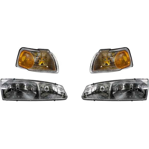 1997 Ford Thunderbird - 4-Piece Kit Driver and Passenger Side Halogen Headlight, With bulb(s), OE Replacement,  Includes (2) Corner Light and (2) Headlight