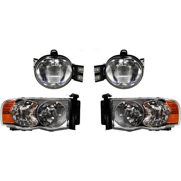 2002-2005 Dodge Ram 1500 - 4-Piece Kit Driver and Passenger Side Halogen Headlight, With bulb(s), New Body Style, OE Replacement, Includes (2) Headlight and (2) Fog Light
