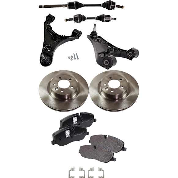 8-Piece Kit Front, Driver and Passenger Side Axle Assembly with Brake Discs, Brake Pad Set, and Control Arms