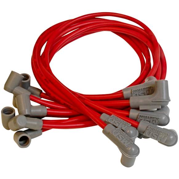 1955 Chevrolet Truck - Spark Plug Wire, Red Super Conductor 8.5mm, Fits Small Block Chevy Race Engines with Headers Or MSD Distributor, 90 Degree Socket Style Distributor Ends, Set of 8, 8.5mm Super Conductor Series