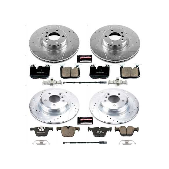 2019 BMW 440i - Front and Rear Brake Disc and Pad Kit, Cross-drilled and Slotted, 5 Lugs, 330 mm, Carbon Fiber Ceramic, With 1-piston Front calipers - full-cast design rotors (replaces OE riveted 2-piece), 3.0L 6Cyl, Z23 Evolution Sport Series