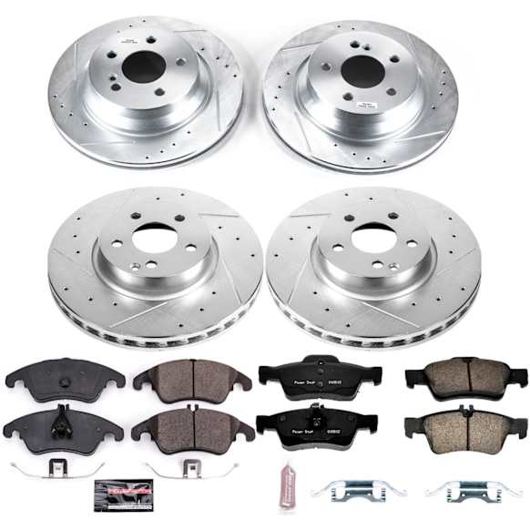 2016 Mercedes Benz E350 - Front and Rear Brake Disc and Pad Kit, Cross-drilled and Slotted, 5 Lugs, 300 mm, Carbon Fiber Ceramic, With OE Non-Drilled Rotors, Z23 Evolution Sport Series