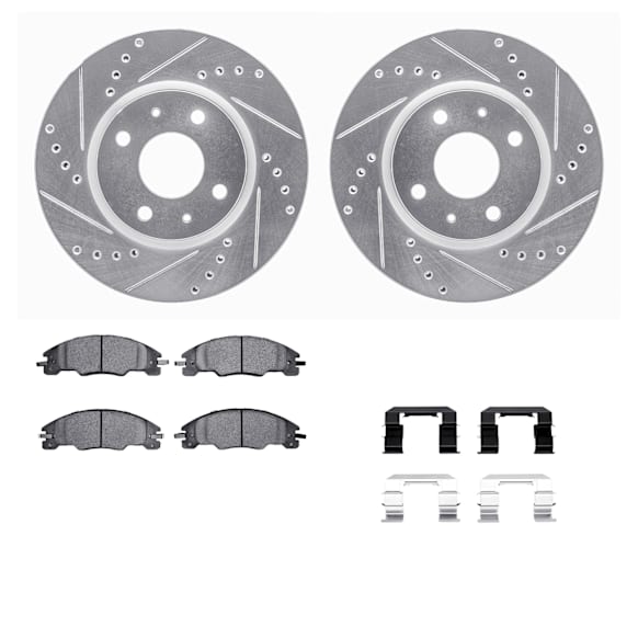 2008 Ford Focus - Front Brake Disc and Pad Kit, Cross-drilled and Slotted, OE Replacement, Bearing Retainer Nut 35-5001, 2.0L 4Cyl, R1 eLINE Silver Rotors wtih Optimum OEp Pads Series