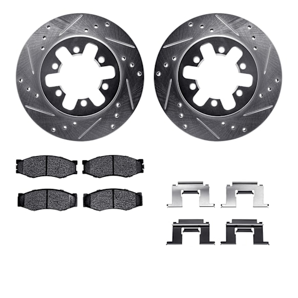 1994 Nissan D21 - Front Brake Disc and Pad Kit, Cross-drilled and Slotted, OE Replacement, RWD, ; Hardbody Pickup; Excluding Heavy Duty, 2.4L 4Cyl, R1 eLINE Silver Rotors wtih Optimum OEp Pads Series