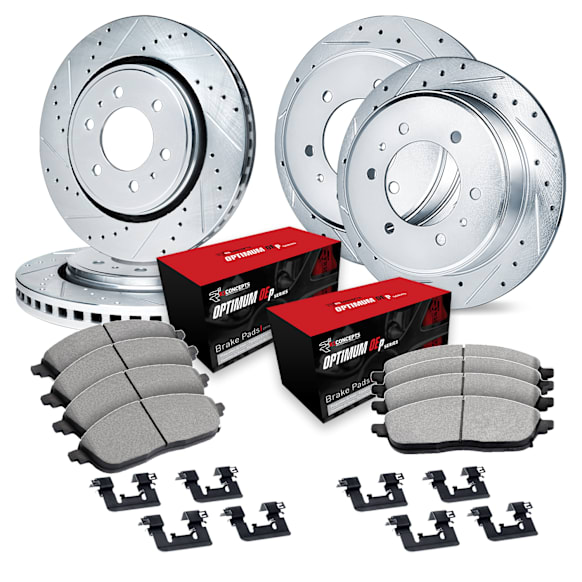 2023 Mercedes Benz Sprinter 2500 - Front and Rear Brake Disc and Pad Kit, Cross-drilled and Slotted, OE Replacement, Electronic Parking Brake, 2.0L 4Cyl, R1 eLINE Silver Rotors wtih Optimum OEp Pads Series