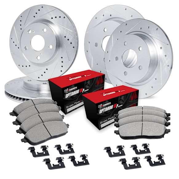 WGUH2-75005 Front and Rear Brake Disc and Pad Kit, Cross-drilled and Slotted OE Replacement R1 eLINE Silver Rotors wtih Optimum OEp Pads Series