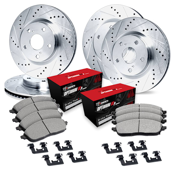 WGUH2-80050 Front and Rear Brake Disc and Pad Kit, Cross-drilled and Slotted OE Replacement R1 eLINE Silver Rotors wtih Optimum OEp Pads Series