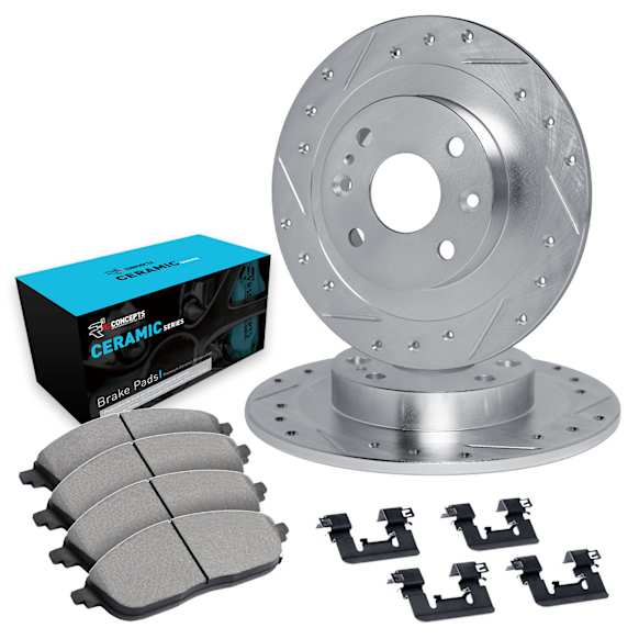 WGWH1-07005 Rear Brake Disc and Pad Kit, Cross-drilled and Slotted Ceramic R1 eLINE Silver Rotors with Ceramic Pads Series