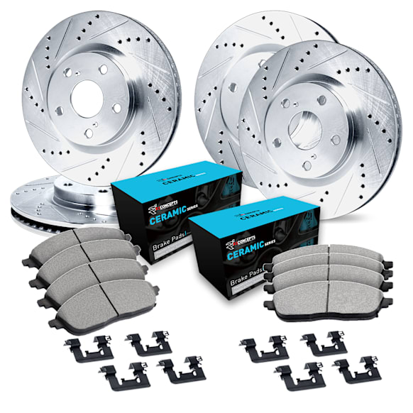 WGWH2-39019 Front and Rear Brake Disc and Pad Kit, Cross-drilled and Slotted Ceramic R1 eLINE Silver Rotors with Ceramic Pads Series