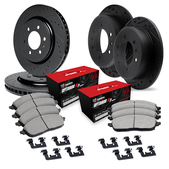 2024 Mercedes Benz Sprinter 2500 - Front and Rear Brake Disc and Pad Kit, Cross-drilled and Slotted, OE Replacement, Electronic Parking Brake, 2.0L 4Cyl, R1 eLINE Black Rotors with Optimum OEp Pads Series