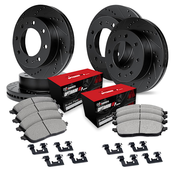 2008 Ford E-350 Super Duty - Front and Rear Brake Disc and Pad Kit, Cross-drilled and Slotted, OE Replacement, Single Rear Wheels, 6.8L 10Cyl, R1 eLINE Black Rotors with Optimum OEp Pads Series