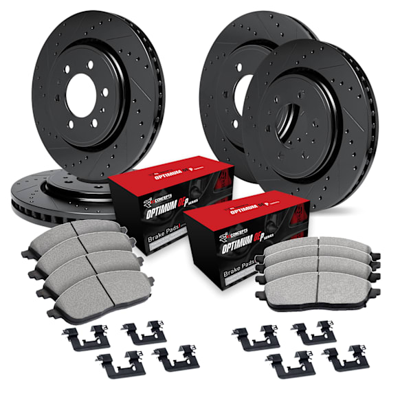 2003 Lexus GX470 - Front and Rear Brake Disc and Pad Kit, Cross-drilled and Slotted, OE Replacement, 4.7L 8Cyl, R1 eLINE Black Rotors with Optimum OEp Pads Series