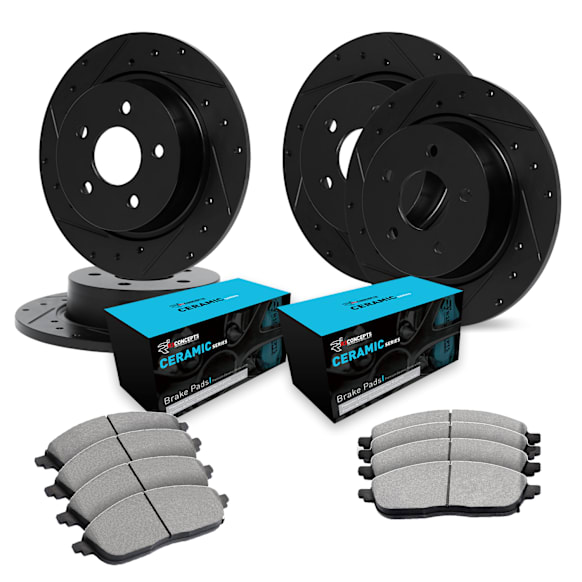 1984 Pontiac Fiero - Front and Rear Brake Disc and Pad Kit, Cross-drilled and Slotted, Ceramic, 2.5L 4Cyl, R1 eLINE Black Rotors with Ceramic Pads Series