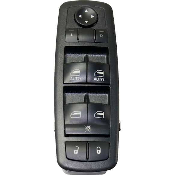 2010 Chrysler Town & Country - Front, Driver Side Window Switch, Without Power Folding Mirrors, With Power Windows, With Power Rear Windows, With Heated Mirrors, With Auto Down, Black, 10 Buttons, 9-Prong and 3-Prong Blade Male Terminals, 2 Female Connectors