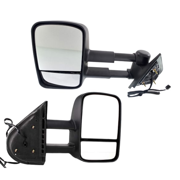 Driver and Passenger Side Towing Mirror, Power Adjust, Heated, Manual Folding, Textured Black, No Signal Light, No Memory, No Puddle Light, No Auto-Dimming, With Blind Spot Glass