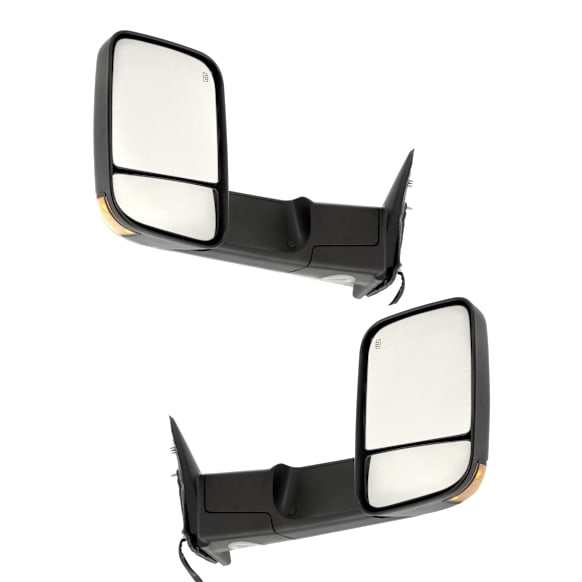 Driver and Passenger Side Towing Mirror, Power Adjust, Heated, Manual Folding, Textured Black, In-housing Signal Light, No Memory, With Puddle Light, No Auto-Dimming, No Blind Spot Feature