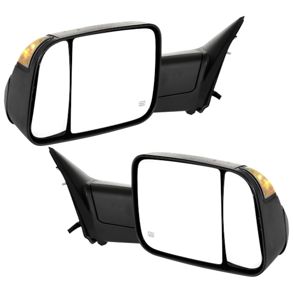 Driver and Passenger Side Towing Mirror, Power, Manual Folding, Heated, Textured Black, In-housing Signal Light, No Memory, With Puddle Light, No Auto-Dimming, With Blind Spot Glass