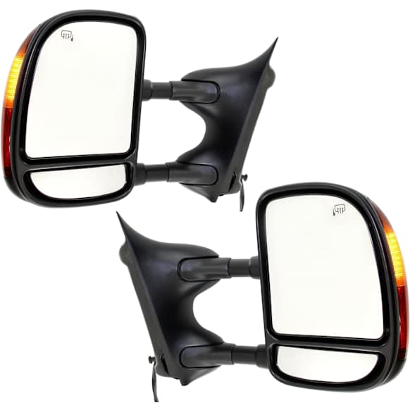2001 Ford Excursion XLT - Driver and Passenger Side Towing Mirror, Power Adjust, Heated, Textured Black, Manual Folding, In-housing Signal Light, With Blind Spot Glass, No Memory, No Puddle Light, No Auto-Dimming