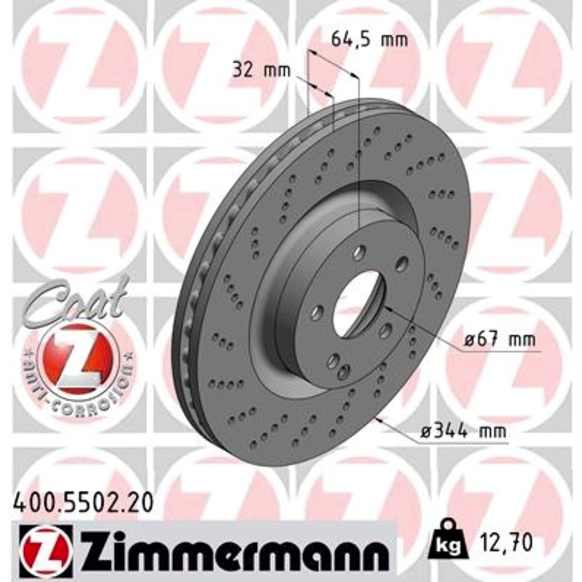 400.5502.20 Brake Disc (Vented and Cross Drilled) (344 X 32 mm) - Replaces OE Number 000-421-15-12 07