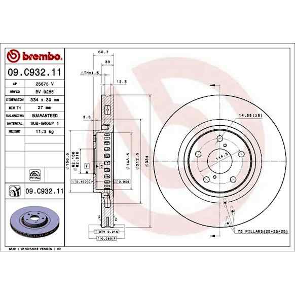 09.C932.11 Front, Driver or Passenger Side Brake Disc, Coated, Plain Surface, Vented, 5 Lugs, 334 mm, PRIME UV Coated Series