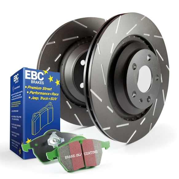 S2KF1114 Front Brake Disc and Pad Kit, Silver Grey Geomet, Slotted, 5 Lugs, 287.78 mm, Aramid Fiber, S2 Greenstuff 2000 and USR Sport Slotted Rotors