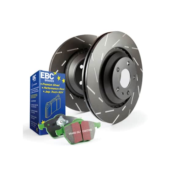 S2KR1862 Rear Brake Disc and Pad Kit, Silver Grey Geomet, Slotted, 5 Lugs, 302.01 mm, Aramid Fiber, S2 Greenstuff 2000 and USR Sport Slotted Rotors