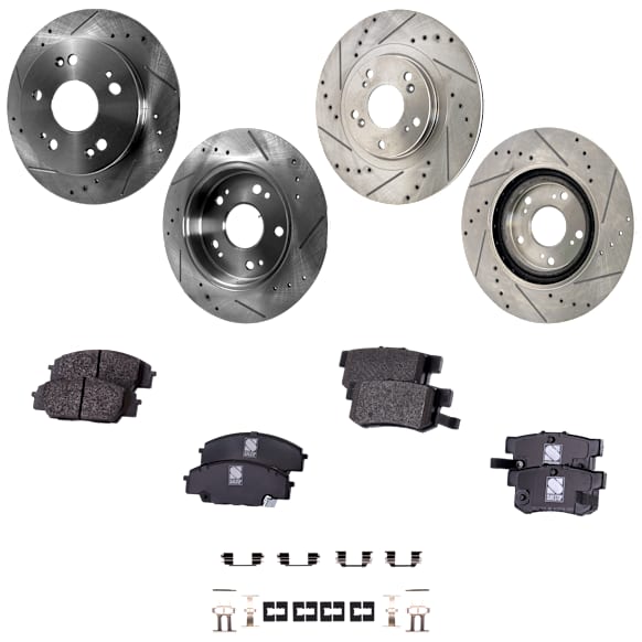 4-Wheel Set Front and Rear Brake Disc and Pad Kit, Cross-drilled and Slotted 5 Lugs Front-299.97 mm/Rear-259.59 mm Ceramic Pro-Line Series, Includes (2) Brake Pad Set and (4) Brake Disc