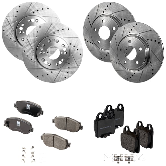 4-Wheel Set Front and Rear Brake Disc and Pad Kit, Cross-drilled and Slotted, 5 Lugs, Ceramic, Pro-Line Series