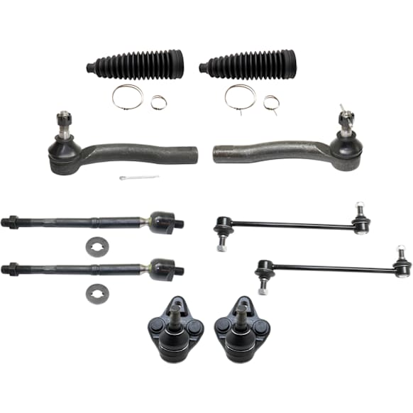 10-Piece Kit Front, Driver and Passenger Side, Lower Ball Joint, Includes (2) Ball Joint, (2) Steering Rack Boot, (2) Sway Bar Link, and (4) Tie Rod End