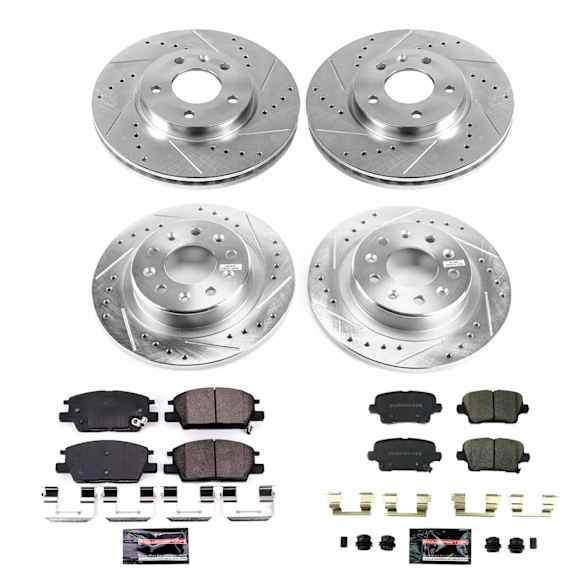 K8689 Front and Rear Brake Disc and Pad Kit, Silver zinc-plated, Cross-drilled and Slotted, 5 Lugs, 288.2 mm, Carbon Fiber Ceramic, Z23 Evolution Sport Series