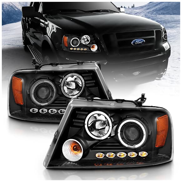 111204 Driver and Passenger Side Headlight, With bulb(s) - Clear Lens Black Interior, Halogen Projector, 2 LED Halo