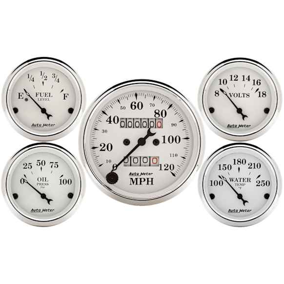 1601 Old Tyme White Gauge Kit, 5 Pc. 3 1/8in. & 2 1/16in. Mech. Speedometer.