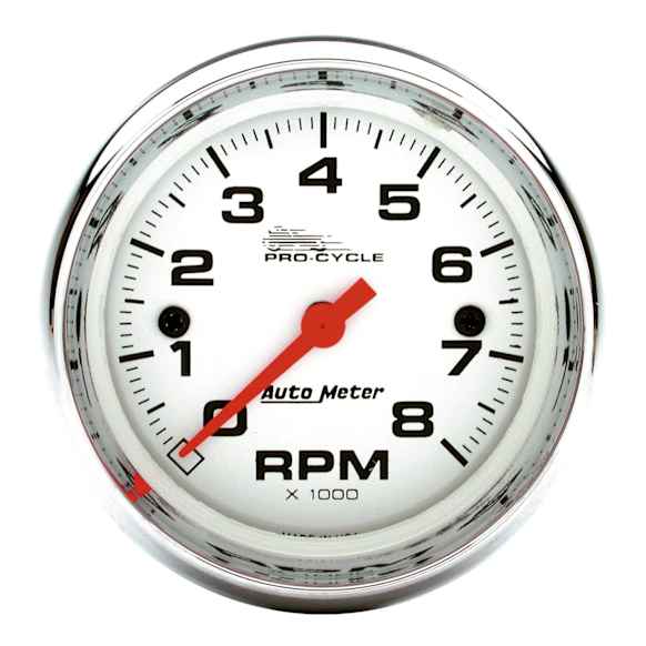 19305 Pro-Cycle Series Gauge, Tach, 2 5/8in. 8K Rpm, 2&4 Cylinder, White.