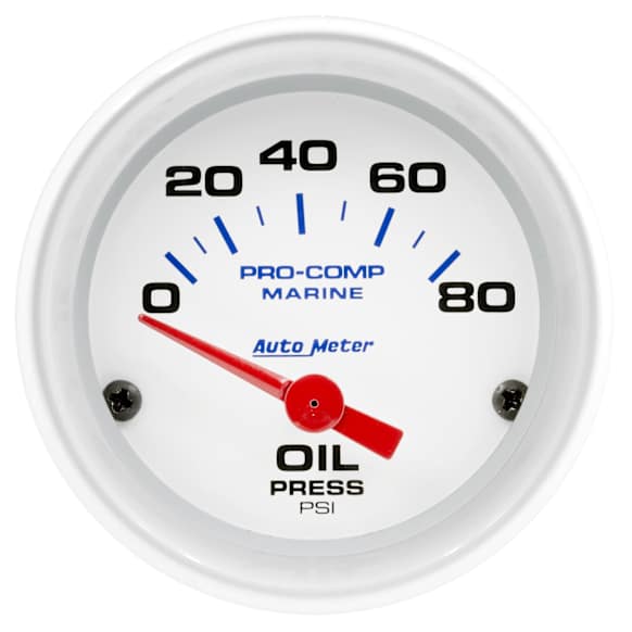200744 Marine White Gauge, Oil Pressure, 2 1/16in. 80Psi, Electric.