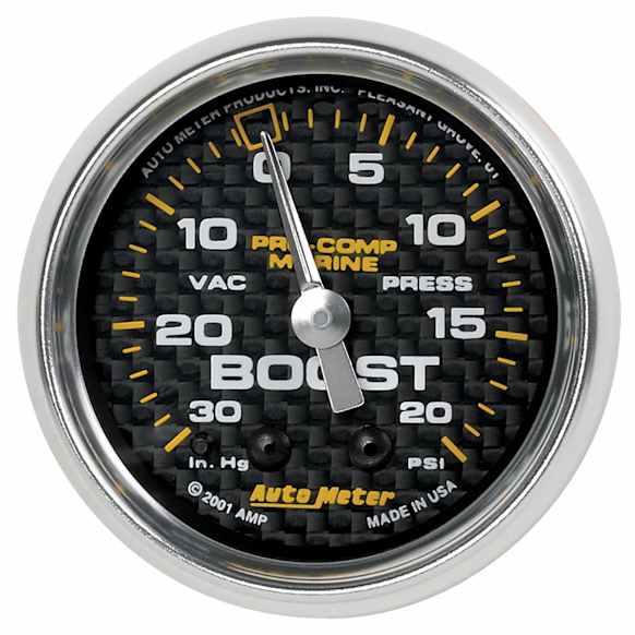 200774-40 Marine Carbon Fiber Gauge, Vac/Boost, 2 1/16in. 30Inhg-20Psi, Mechanical.