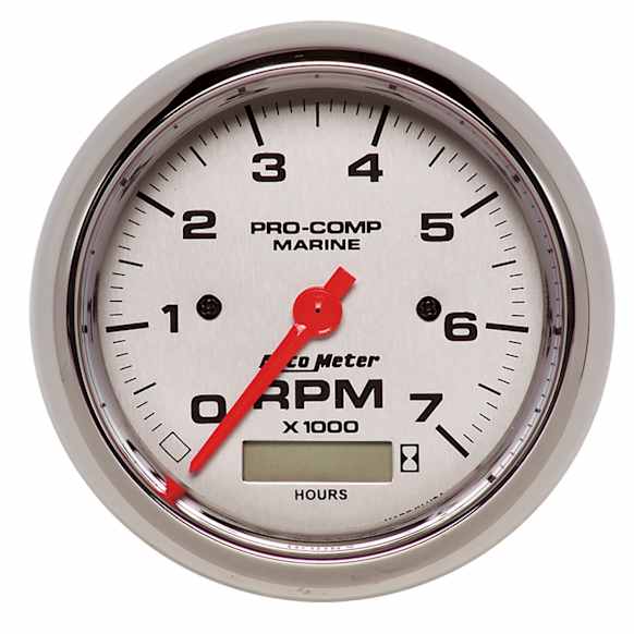 200890-35 Marine Chrome Gauge, Tachometer, 3 3/8in. 7K Rpm, W/ Hourmeter.